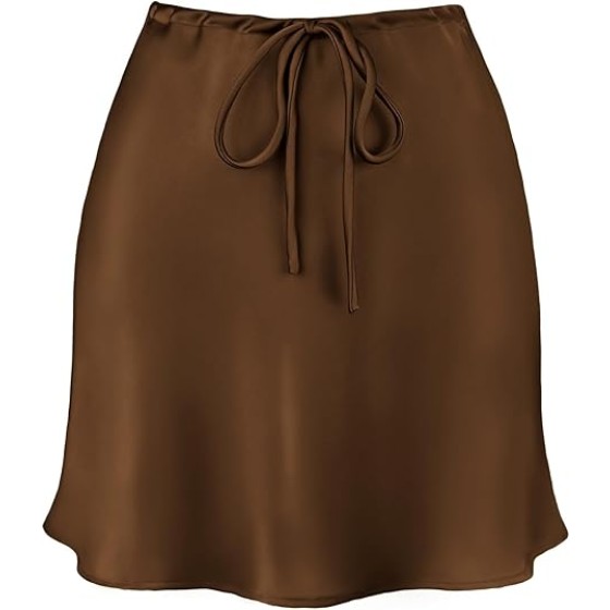 Women's Drawstring Satin Mini Skirt High Waisted Elegant Casual A-Line Flared Silk Short Skirts for Women