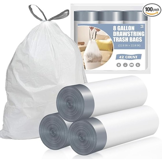 Drawstring 8 Gallon Trash Bags - 42 Count Pre-separated Medium Trash Bags 8 Gallon, White Unscented 8 Gal Garbage Bags